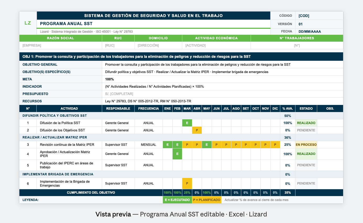 Ejemplo de programa anual de SST con actividades planificadas